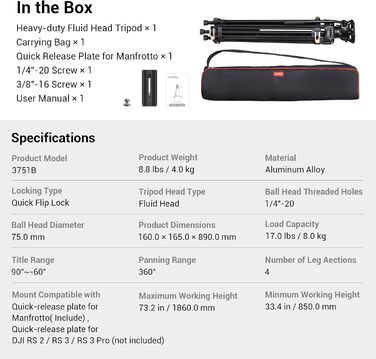 SMALLRIG Штатив відео, 186 см, для DSLR, Camcorder, камер, вантажопідйомність 8 кг - 3751B