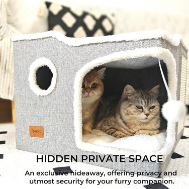 Spindro Cat Cave Cat Bed Large, Cat House Indoor Cat Sleeping Place with Removable Sherpa Cat Cushion and Hanging Toy, Cat Bed, Light Grey 42x42x33cm