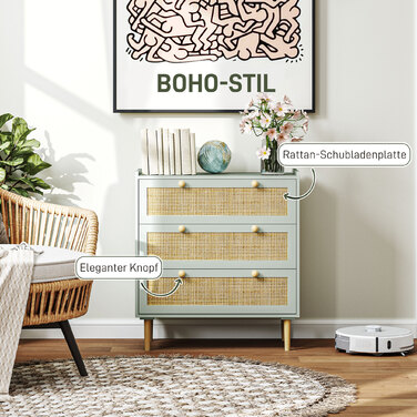 HOMCOM Bedside Table/Chest of Drawers with 3 Drawers, Sideboard with Boho Style, Rattan Look, Chest of Drawers for Living Room, Bedroom, Light Blue 80 x 40 x 87.5 cm | Aosom