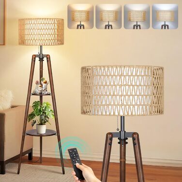 LED торшер Outon з трьома ніжками, регульована яскравість, полиця, пульт дистанційного керування, 4 режими кольору, таймер, 2 плафона, для вітальні/спальні (волоський горіх)