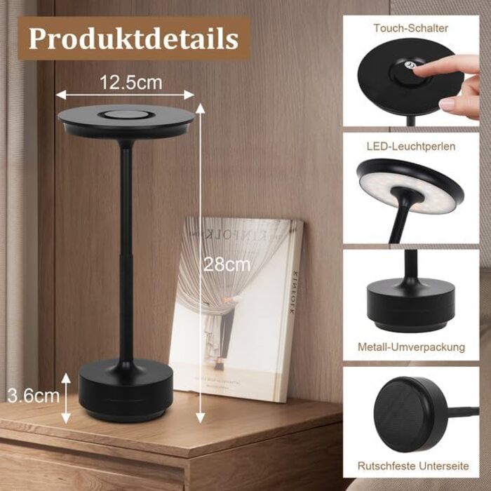 Бездротова LED-лампа Rosnek для столу з регулюванням кольору та димуванням, акумуляторна, з USB-C, стильна металева лампа (чорна)