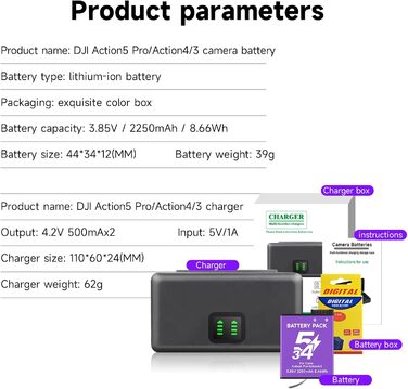 CITYORK Зарядний пристрій для DJI Osmo Action 3/4/5 Pro з 2250 mAh акумуляторами (2 шт.), Dual USB, LCD-дисплей