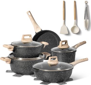 JUST PERFECTO Induction Cookware Set - Frying Pan Set with Lid - 24cm Frying Pan, 28 cm Frying Pan - Cookware Set 28cm Non-Stick Pan without PTFE and PFOA (15-Piece Black)