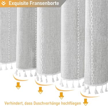 Шторка для душу BTTN 182 x 200 см, Бохо-фермерський стиль, важка тканина, з бахромою, водонепроникна, з вантажами, 12 гачків (сіра, смугаста)