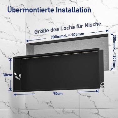 Настінна душова ніша Bernkot з нержавіючої сталі з LED підсвіткою, 90x30 см, водонепроникна, без плитки, для ванної кімнати, матова чорна