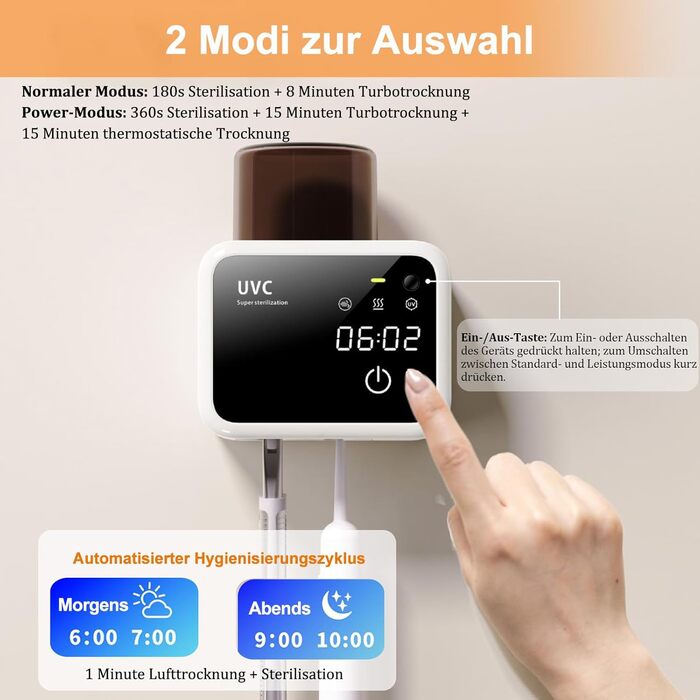 Утримувач для зубних щіток Maxspace з UV-стерилізатором, сушкою та таймером (білий)