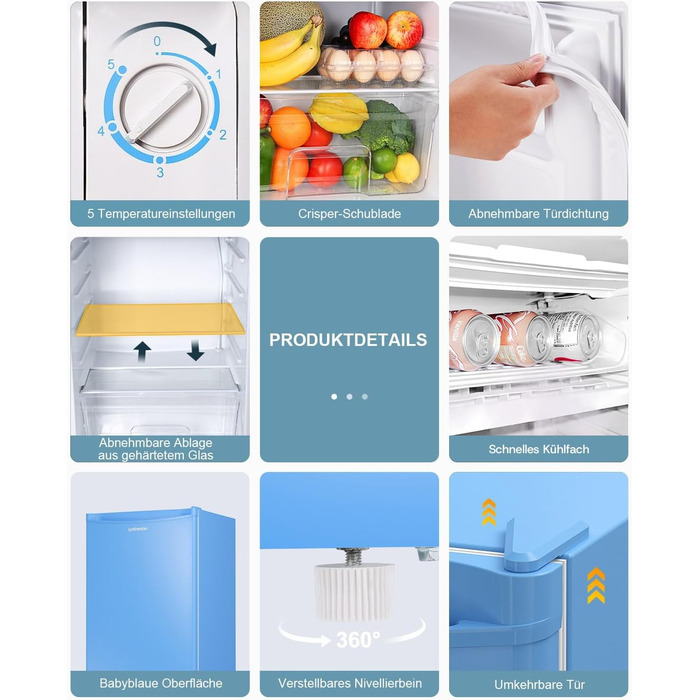 Upstreman 91L Міні-холодильник з функцією швидкого охолодження, 5 температурних режимів (1-8°C), енергоефективний, 41 дБ, компактний та місткий для студентського гуртожитку/офісу, BR321- (Блакитний)