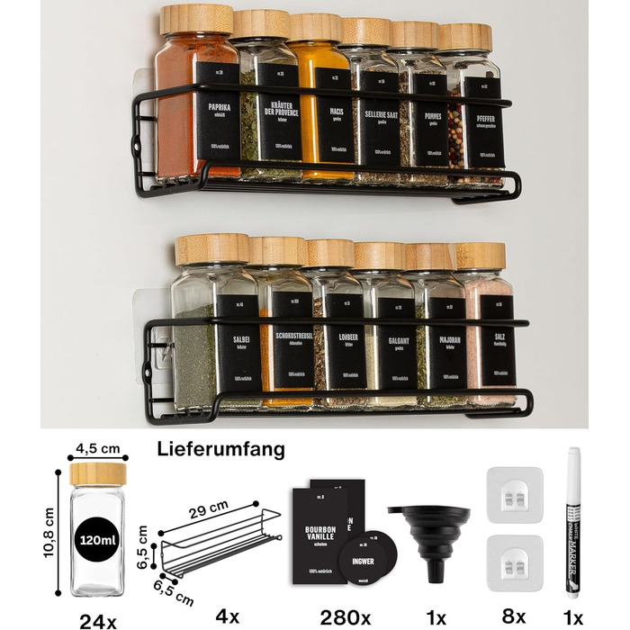 Настінна полиця для спецій Deco haus® з 24 склянок та етикетками (4 шт.) - бамбукові кришки