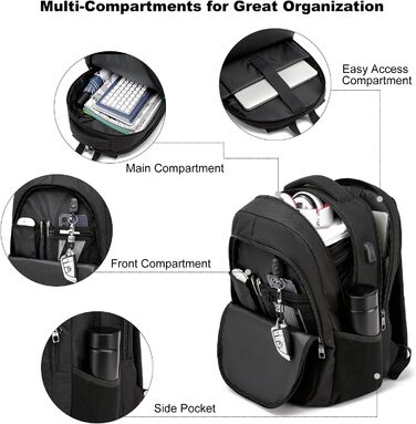 Рюкзак BIKROD для чоловіків та жінок, шкільний рюкзак для хлопчиків та дівчаток-підлітків, водонепроникний, з USB-портом для зарядки, антикрадійний, для роботи та подорожей, вміщує ноутбук 15.6 дюймів (Чорний)