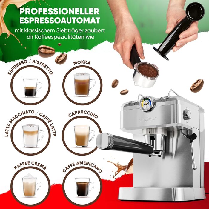 Кавоварка еспресо ProfiCook PC ES 1267, 20 бар, для меленої кави та капсул Nespresso, з італійською помпою, напівавтоматична, портфільтр