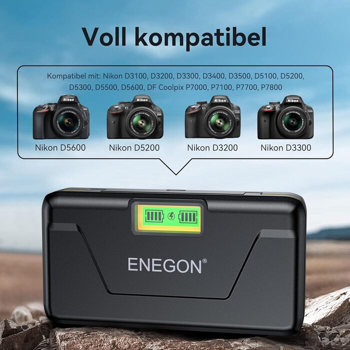 Зарядний пристрій ENEGON EN-EL14 20W з подвійним акумулятором, швидка зарядка, сумісний з Nikon D3100-D3500, Coolpix P7000, P7100, DF, LCD-дисплей