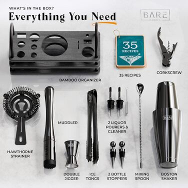 Bare Barrel® Cocktail Shaker Set - 14 Piece Mixology Bar Kit with Boston Shaker, Martini Accessories & Recipe Cards - Home Bartender Set