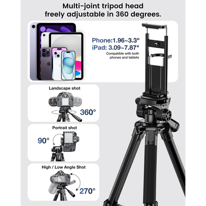 Штатив для камери та монопод CAMBOFOTO 185.4 см (73 дюйми), професійний, з підтримкою для телефону та чохлом, сумісний з дзеркальними/беззеркальними камерами, DSLR, мобільним телефоном, відеокамерою, GoPro, алюміній, оранжевий