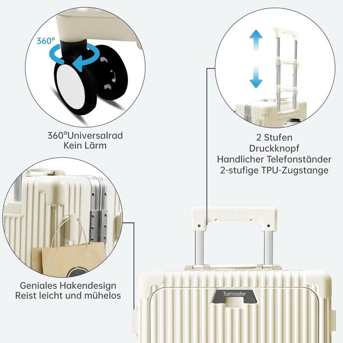 Чемодан 20 дюймів з спінінговими колесами, алюмінієва рама, TSA-замок, USB-порт, підставка для телефону, білий