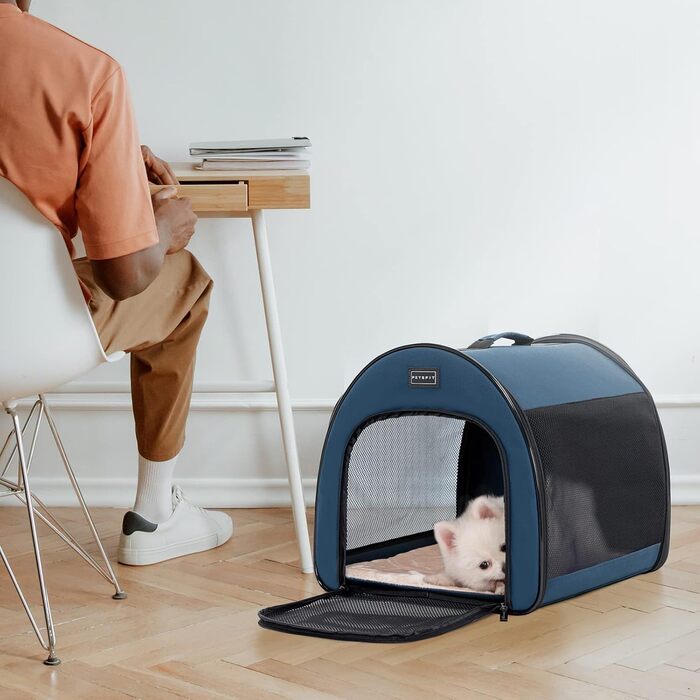 Складана переноска для собак Petfit для маленьких собак і котів, портативна та дихаюча переноска для дому з вигнутим дахом, переноска-ліжко для собак з анти-відкриваючим блискавкою та подушкою (Блакитний, S)