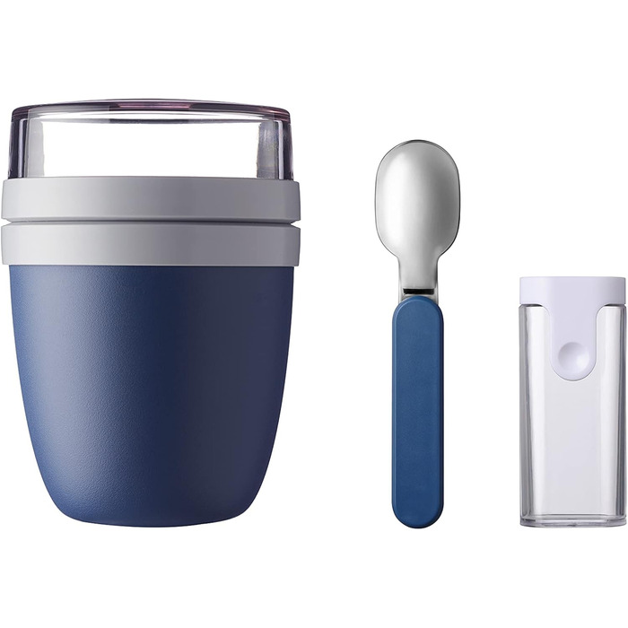 Mepal - Lunchpot & Folding Spoon Ellipse Set - Yogurt Cup To Go including Spoon - Separate compartments for yogurt & muesli - Meal Prep - Folding spoon To Go with travel case - Nordic Denim