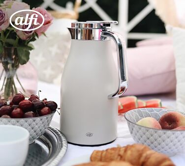 Термос Alfi SKYLINE 1.0л, кокосовий білий матовий, нержавіюча сталь, з гігієнічним скляним вкладишем, поворотний замок з кнопкою, ергономічна ручка, для однієї руки, ідеальний як кавоварка 1000 мл, кокосовий білий матовий