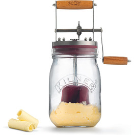 Маслобійка Kilner скляна з ручкою, 1 л, для приготування домашнього масла за 10 хв, з силіконовим мішалкою, інструкцією та рецептами, підходить для трав'яного та часникового масла, 27 см