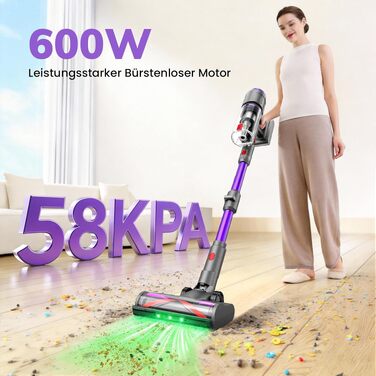 Акумуляторний бездротовий пилосос 600W 58kPa, з турбощіткою від кліщів, зарядною станцією та гнучким з'єднанням для килимів, твердої підлоги та шерсті тварин