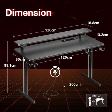 LED Gaming Desk with Power Outlets - 80cm/120cm Carbon Fiber PC Gaming Table