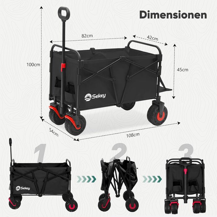 Візок пляжний складаний Sekey Bollerwagen XXL 200кг 155л, чорний - для піску та транспортування речей