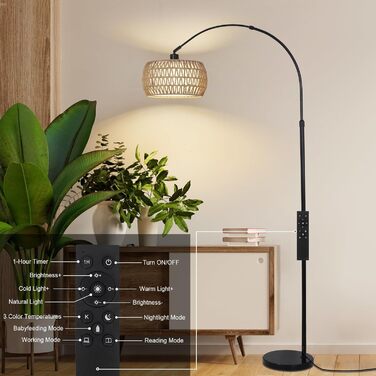 Rayofly Торшер для вітальні Bogenlampe в стилі бохо з ротанговим абажуром, диммований торшер з пультом та LED-лампочкою, управління через додаток, чорний