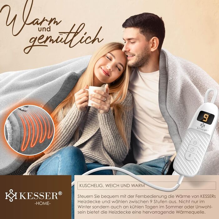 Електрична гріюча ковдра KESSER® 180x130 см з автовимкненням | 9 температурних режимів | Зручна ковдра на ліжко та диван | Можливість прання до 40°C | Сіра | з таймером та цифровим дисплеєм