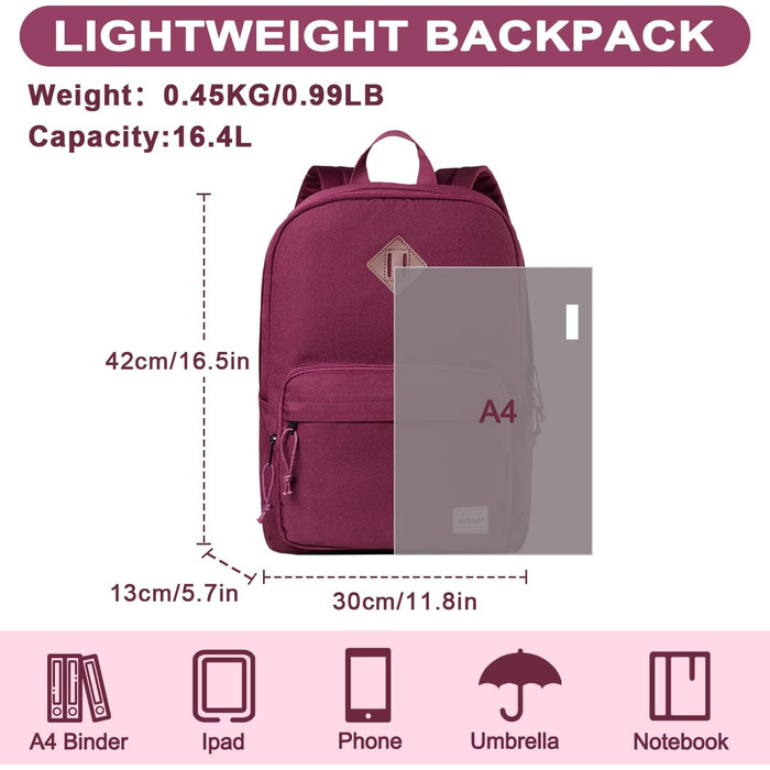 Шкільний рюкзак RAVUO для підлітків, легкий рюкзак для дівчат, денний рюкзак, повсякденна шкільна сумка для університету, школи, подорожей, роботи, бургундський, червоний