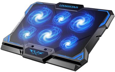 Охолоджувач для ноутбука LIANGSTAR (12-17 дюймів), 6 вентиляторів з LED-підсвіткою, 2200 RPM, 2 USB-порти, 3 рівні висоти, синій