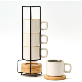 Набір чашок еспресо LUKA з блюдцем та металевою підставкою (4 шт.) - 100 мл, кераміка, мармуровий білий (біло-зелений)