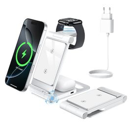 3-в-1 Зарядна станція для Apple Watch та iPhone: складана, біла, бездротова зарядка для iPhone 17/16/15/14/13/12/11 Pro Max та Apple Watch Ultra/SE/9/8/7/6/5/4/3/2, AirPods Pro 3/2