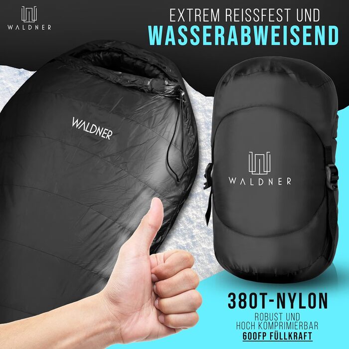 Спальний мішок WALDNER Daunenschlafsack Ultraleicht - ультралегкий, 4 сезони, 800г пуху, 600FP, для кемпінгу та відпочинку на природі (до 200см)