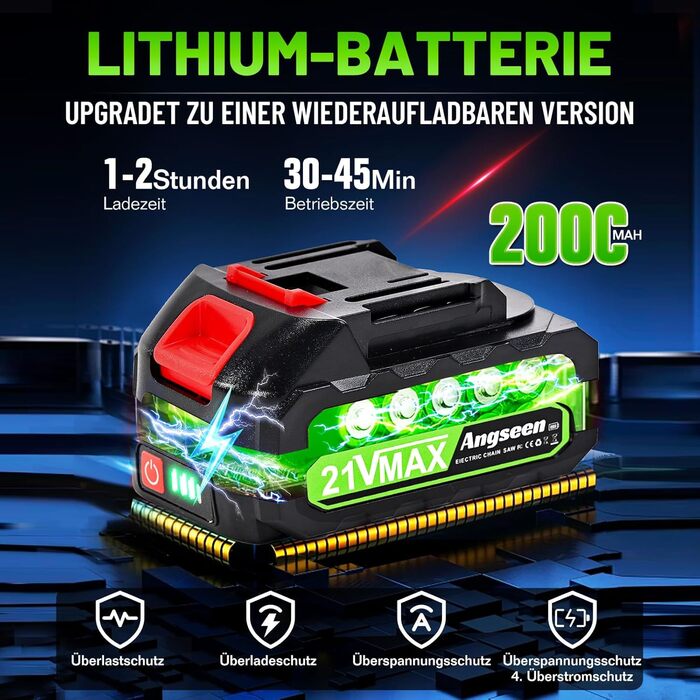 Акумуляторна ланцюгова пила Angseen 6 дюймів, 850W, 3 батареї, захист, для дерева та саду