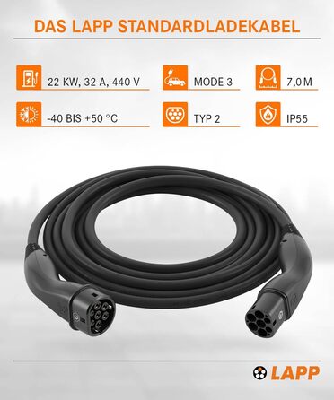 Кабель зарядки LAPP MOBILITY Typ 2, 22 кВт, 7м - для електромобілів, 32А, 3-фазний, IP55, з антикорозійними контактами - PHEV, BEV, EV