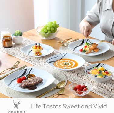 VEWEET Набір посуду з порцеляни для 4 осіб (24 елементи), серія FIONA: чорно-сірий декор, 12 елементів (тарілки та миски), підходить для щоденного використання, миється в посудомийній машині та розігрівається в мікрохвильовці