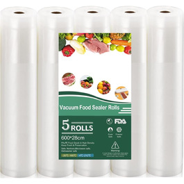 Vacuum Rolls, 5 Rolls, 28x600cm, Reusable BPA-Free Vacuum Sealer Rolls for Vacuum Sealers & Food Vacuum Machine, Suitable for Vacuum Sealers and Foil Sealing Devices