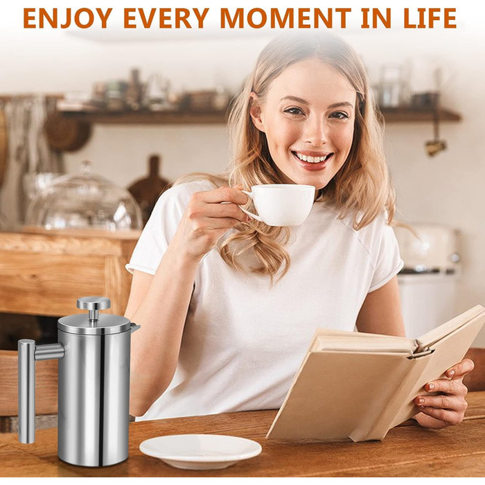 Make a French press coffee machine, 21oz stainless steel French press with a 3-level filtration system, double-walled insulated French press with 3 filters and 1 metal spoon, black