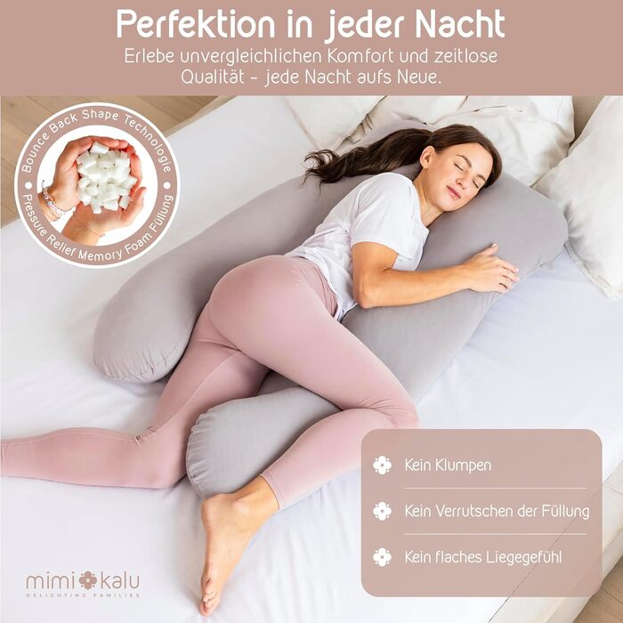 Подушка для сну на боці Mimi Kalu® Original з Memory Foam. В комплекті: чохол з 100% Soft-Cotton та маска для сну. Ідеальна для вагітних та годуючих мам, а також як м'яка подушка. Розмір: 130 x 70 см, колір: платиново-сірий.