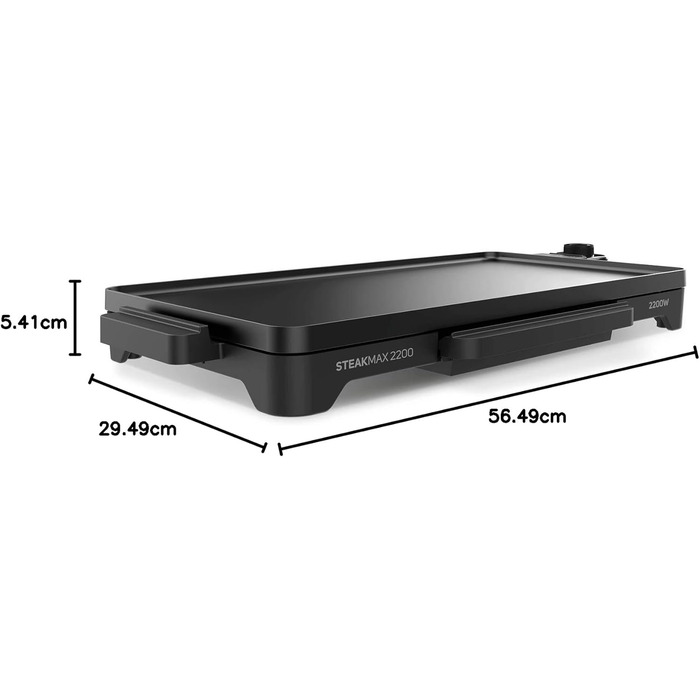 Тaurus Steakmax 2200 – гриль-плита з антипригарним покриттям, без PFOA, 2200 Вт, велика поверхня 49 x 27 см, легке очищення, збірна миска для жиру, протиковзкі ніжки, Чорний колір