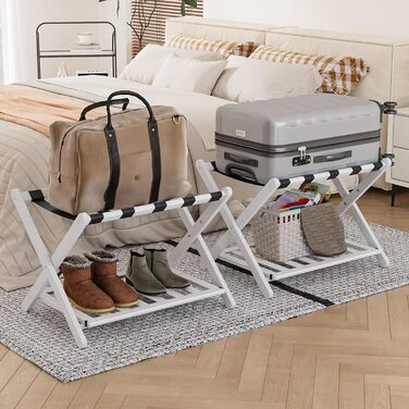 Fully assembled bamboo luggage rack with 5 straps, 2-tier foldable suitcase stand, wide wooden luggage rack, foldable luggage shelves, ideal for guest rooms, bedrooms, hotels, (100% solid bamboo)