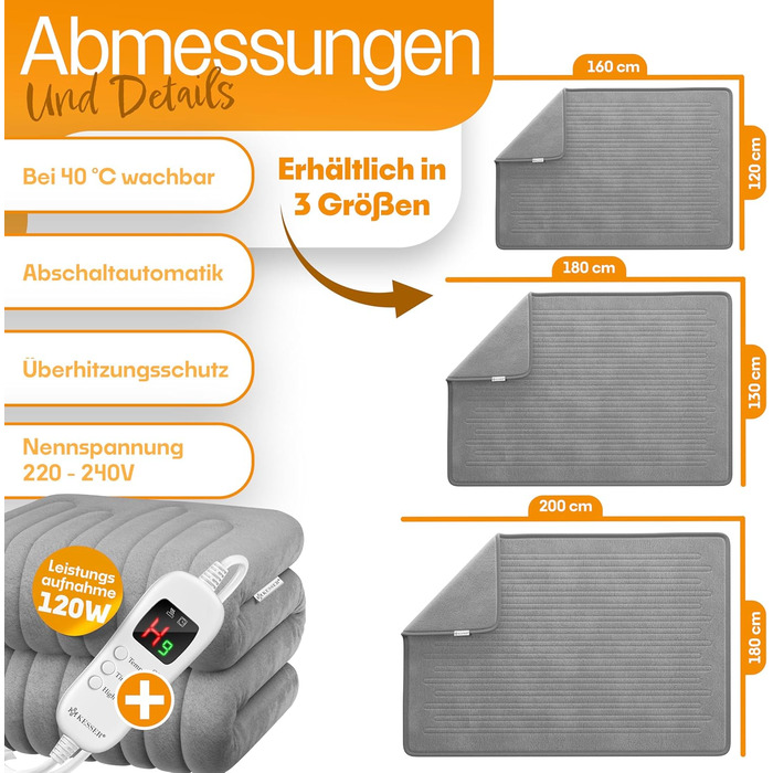 Електрична грілка KESSER® з плюшу 180x130 см сірого кольору | з таймером та автовимкненням | тепла та затишна ковдра | 9 температурних режимів | прання до 40°C | цифровий дисплей