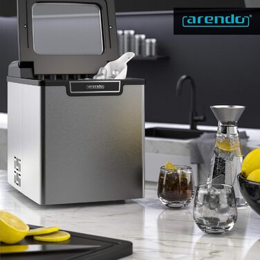 Stainless steel ice maker, ice cube maker, ice maker machine 1.8 Liter ice cube maker, ice cream machine with cooling, ice cube sizes small and large, status LEDs, ABS, BPA free, silver stainless steel
