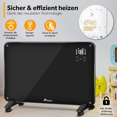 TRESKO Glass Convector Glass Heater 2000W APP WiFi | Electric Heater, electric including remote control | Convector Heater Radiator Touch & LCD Display | Electric Heater Stand-alone or Wall-Mounted Device Black