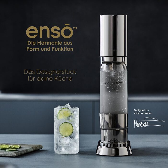 SodaStream® enso™ Преміум Газовий Напоєвник | Нержавіюча сталь, дизайн Naoto Fukasawa | З пляшкою 1 л без BPA та серветкою | Проста заміна CO2, Срібний Enso без балончика