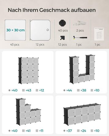 SONGMICS Regal System, Shoe Rack, Set of 16 Cubes, Plastic Wardrobe, with Doors, Plug-in Shelf, Storage for Clothes, Shoes and Books, Easy Assembly, LPC443G01 (12 Cubes (93B x 123H cm), Black)