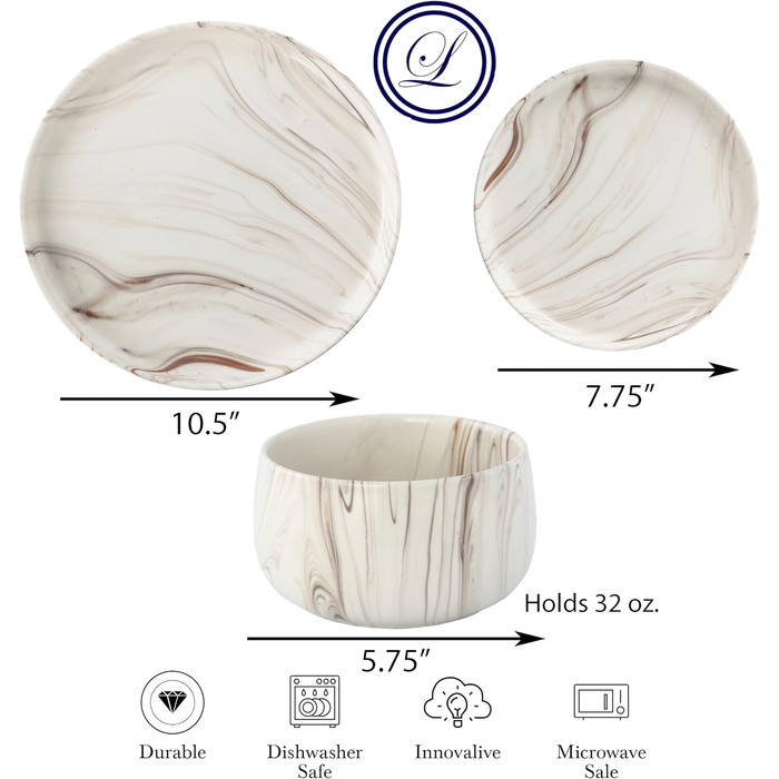 Набір посуду Lorren Home Trends 12 предметів, мармуровий малюнок, для 4 осіб, мікрохвильова піч та посудомийна машина, колір - слонова кістка