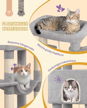 Двоповерховий комплекс для котів з 5 стовпчиками для шліфування, платформами, будиночком, помпонами, сірий (149см)