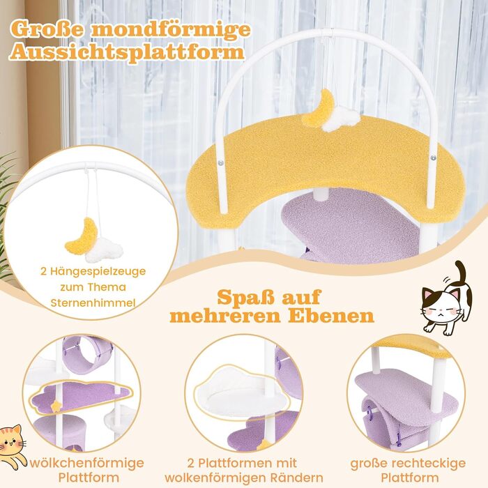 Котячий будиночок COSTWAY з когтеточкою, гамаком та іграшками, фіолетово-рожевий (60x60x158 см)