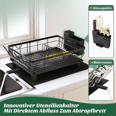 Сушарка для посуду MAJALiS з піддоном та килимком, 2-рівнева, з тримачем для столових приборів, поворотним виливом, чорна