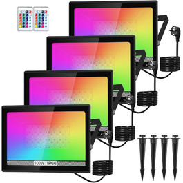 LED Floodlights Outdoor, 100W Smart RGB Floodlights with Remote Control and Bluetooth App, LED Floodlights, Color Changing Spotlights, IP66 Waterproof Floodlights for Gardens, Courtyards (2 Pack) (Rgb-4p)